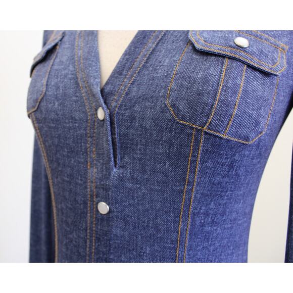Cache Blue Denim Print V Neck Faux Button Up Long Sleeve Dress Size XS Bodycon - Picture 4 of 6